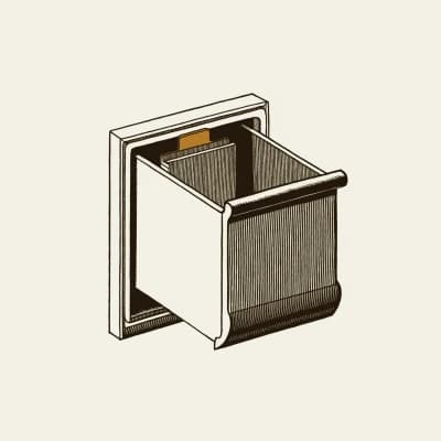 Engraved illustration of an open empty file drawer holding one hanging folder with a brass tab