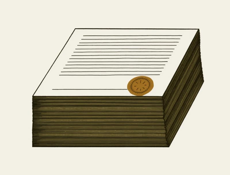 Engraved illustration of a squared stack of tip-credit notices, the top sheet stamped in brass above an empty ruled signature line