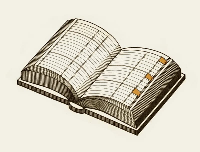 Engraved illustration of an open ruled ledger with three rows marked by brass flag ticks