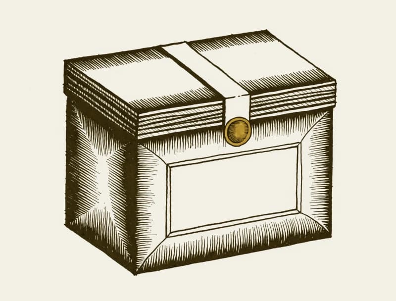Engraved illustration of a sealed archival dossier box with a blank dated label plate, closed with a brass seal